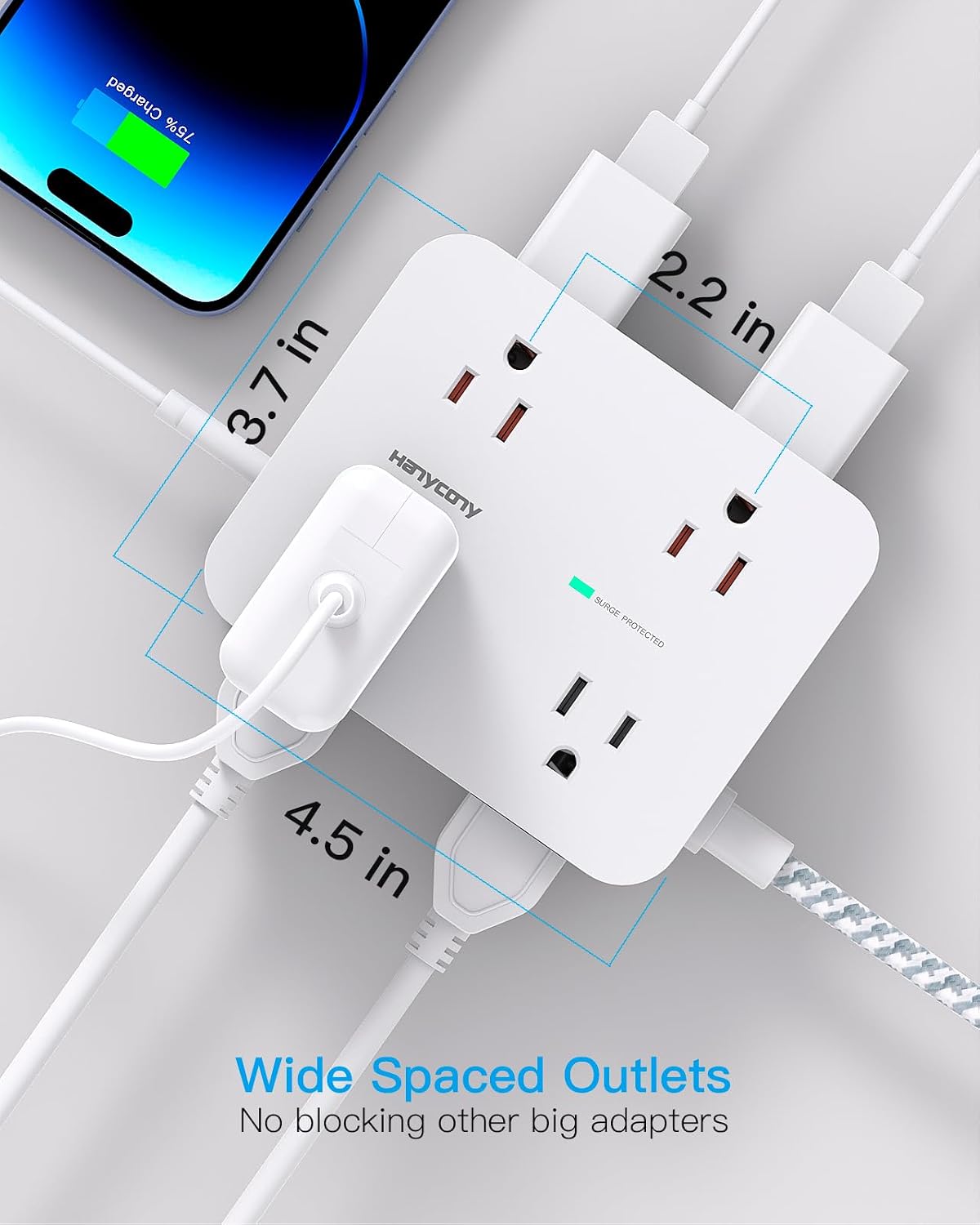 Detalle 2 de HANYCONY HN8U5WC2 Surge Protector Power Bar, 8 Outlets, 4 USB Ports, 5 ft Cord