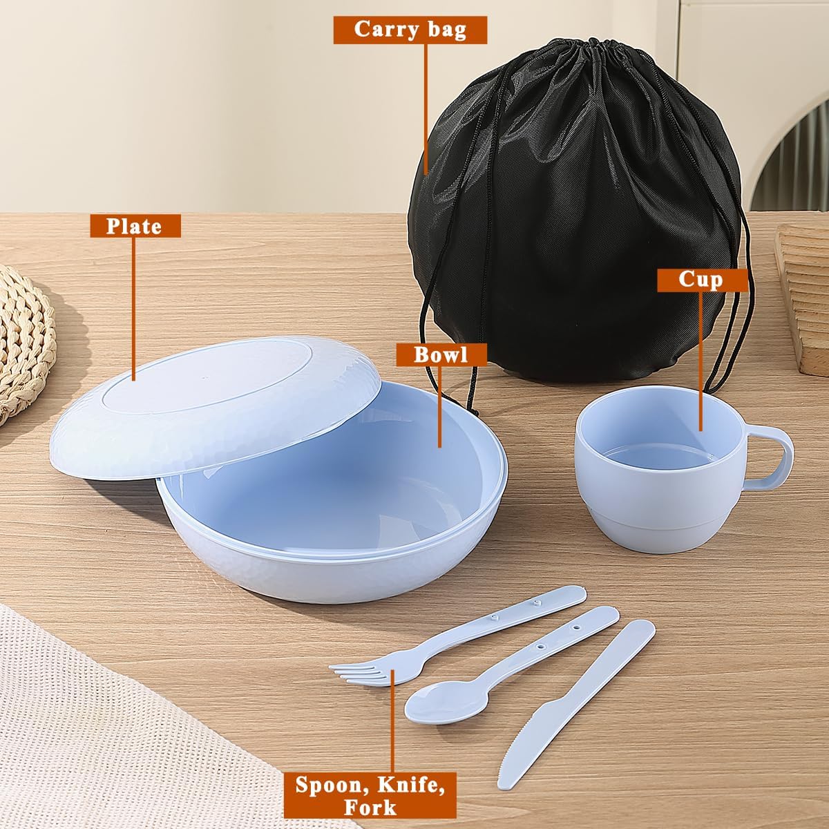 Detalle de Evanda Camping Mess Kit with Bowl, Plate, Cup, Spoon, Fork, Knife and Carry Bag