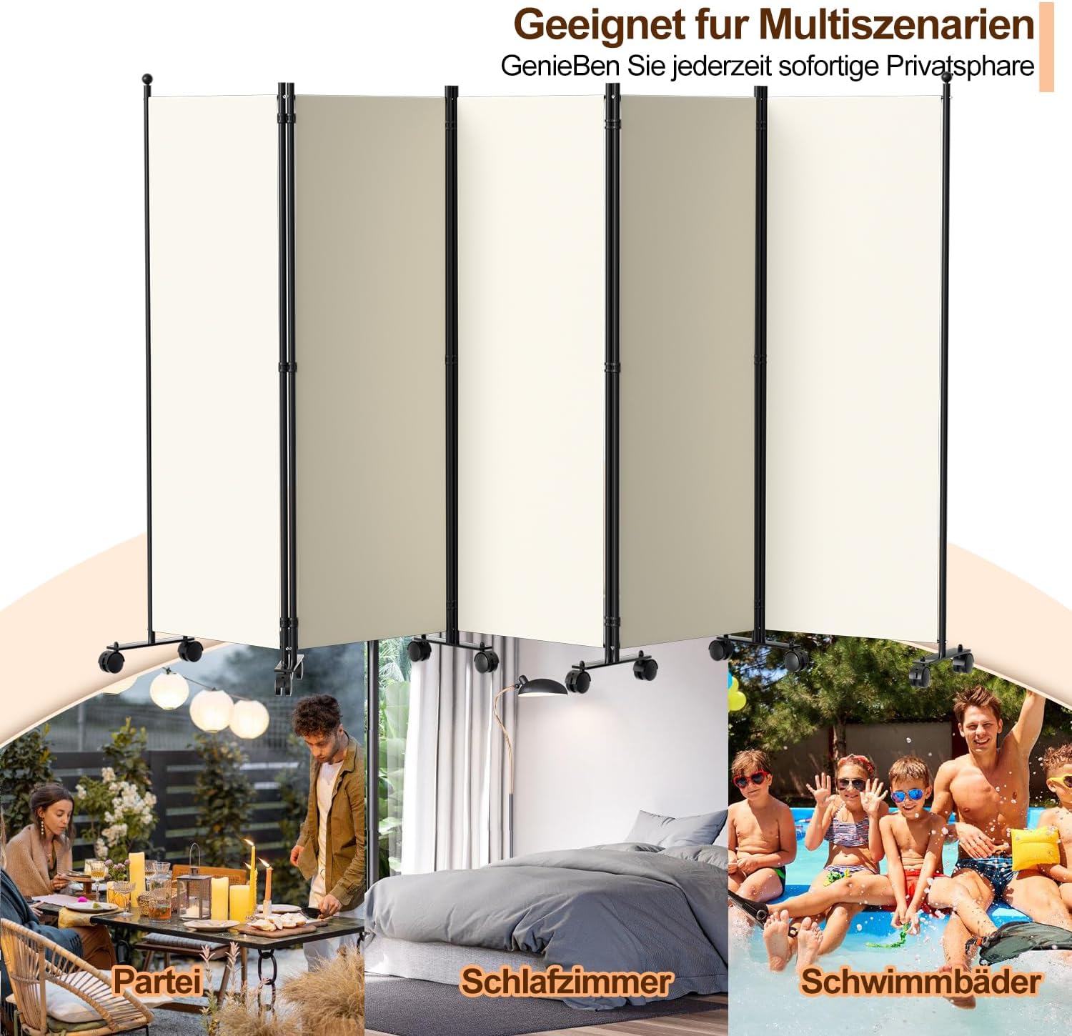 Thumbnail 5 de Vigevee faltbarer Raumteiler mit Rollen, 5-teilig (284 × 181 cm) – Paravent auf Stoff, beige