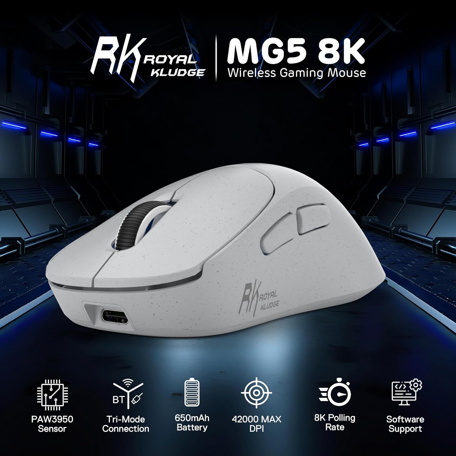 Thumbnail 1 de RK ROYAL KLUDGE MG5 mouse da gioco wireless 8K con sensore PAW3950, 2,4G/BT/USB-C e 42.000 DPI