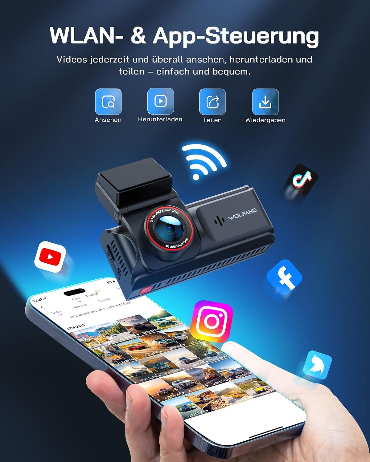 Detalle de WOLFANG 4K Dashcam Auto Vorne & Hinten – Dual‑Cam mit WLAN, 3" IPS Bildschirm, 170° Weitwinkel