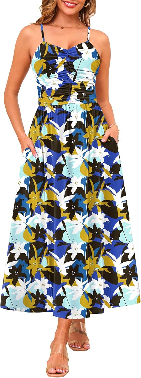 Thumbnail 6 de Annebouti Women 2026 Summer Ruched Maxi Dress with Pockets – Floral Sleeveless Beach Sundress