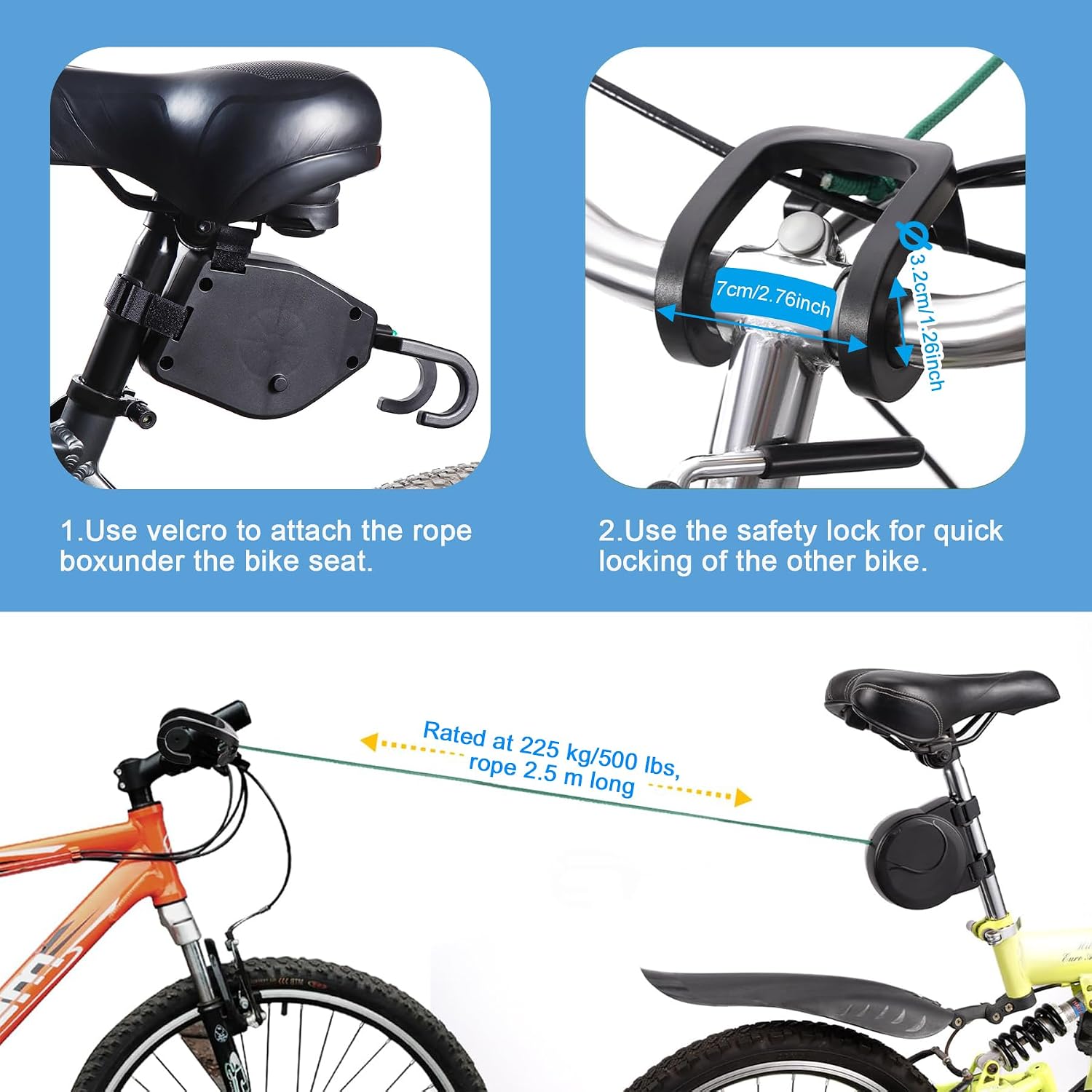 Detalle de YeahBoom Abschleppseil Fahrrad Kinder – 2,5 m, 500 lbs Tragfähigkeit, Einziehbares Traktionsseil