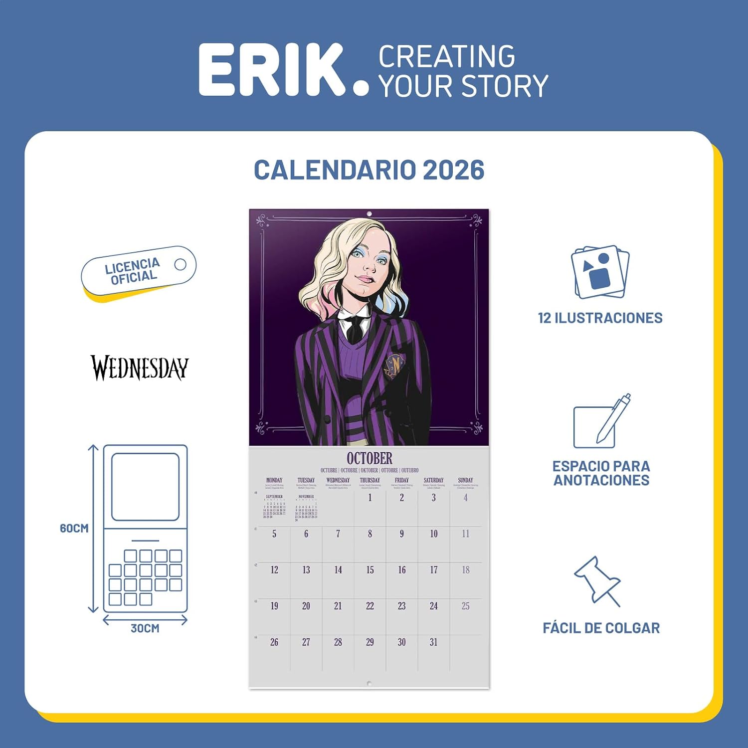 Thumbnail 2 de Grupo Erik Calendario pared Miércoles Addams 30x30 cm