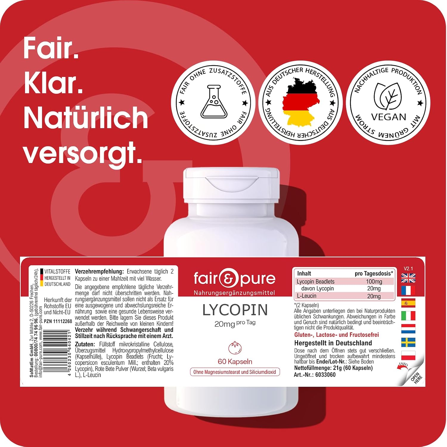 Detalle de Fair & Pure Lycopin 20 mg, 60 Kapseln – reines Tomatenextrakt-Öl für vegane Unterstützung