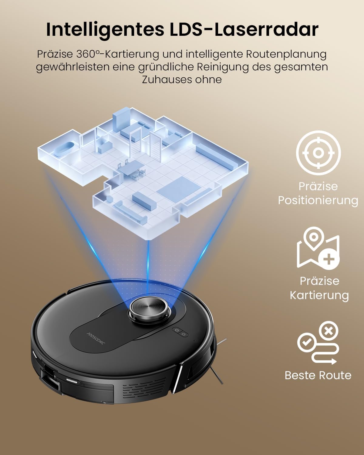 Detalle de Proscenic Q8 Max Saugroboter mit Wischfunktion – starke 8000 Pa, LiDAR-Navigation, 5 Karten und 3-Liter-Staubbeutel