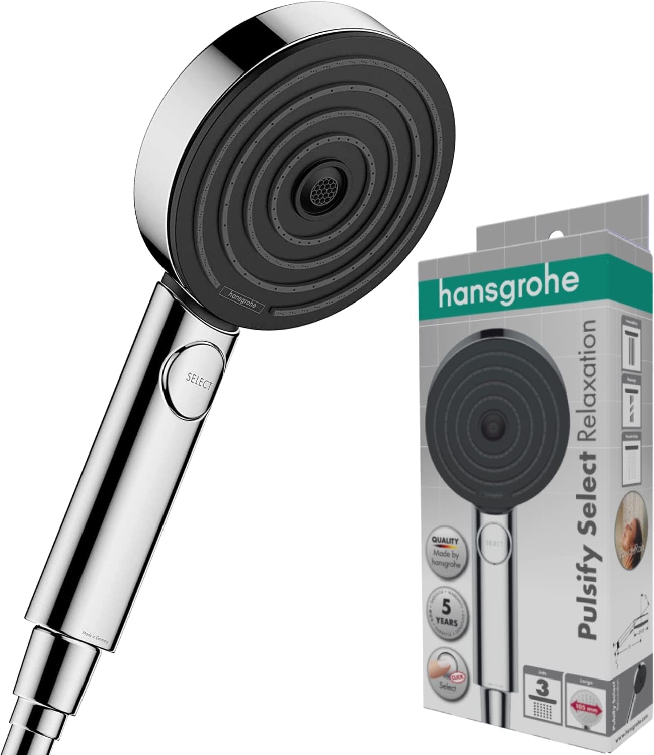 Detalle de Hansgrohe Pulsify Select S Duschkopf – 3 Strahlarten, 105 mm, Antikalk, Chrom
