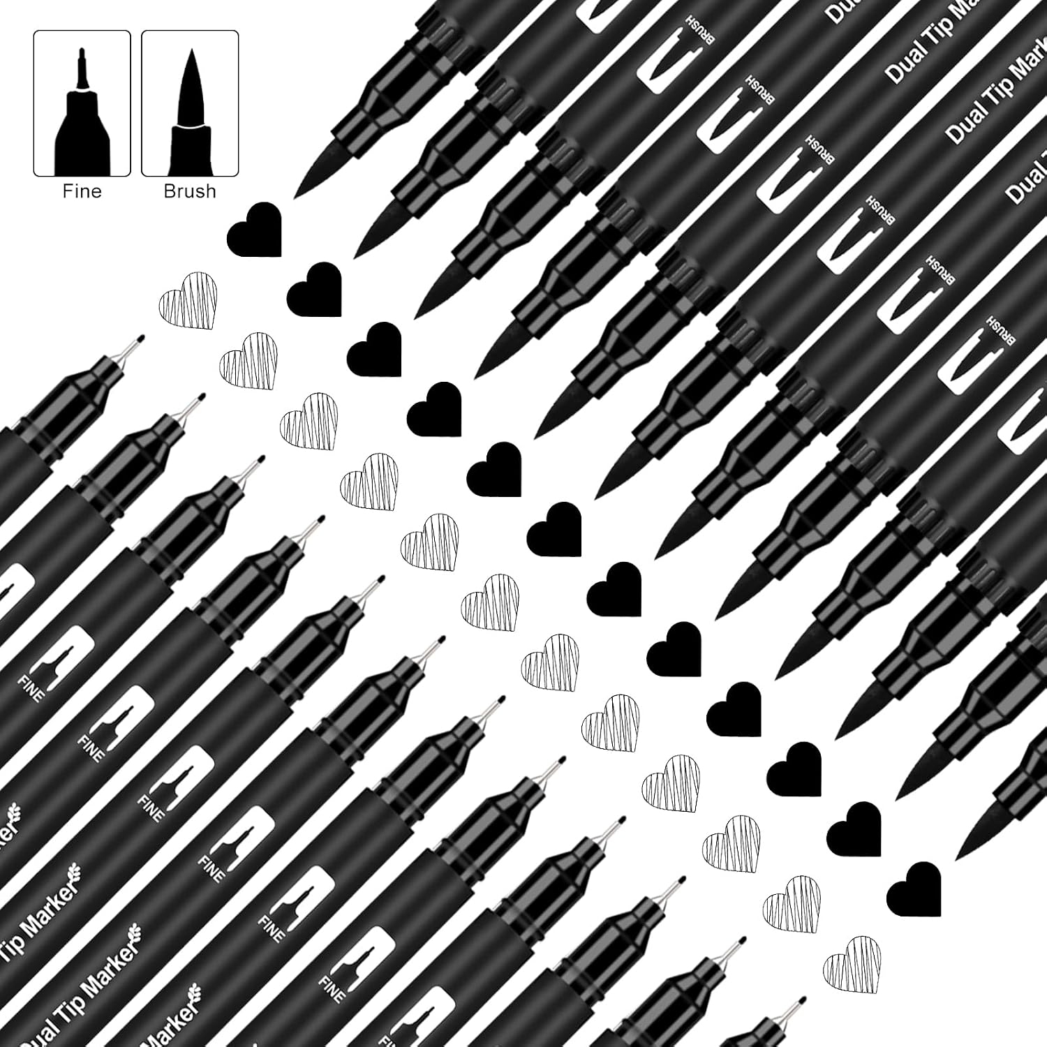 Detalle de Funnasting dual tip felt tip pens (12-pack) – black fineliner and brush tip colouring markers