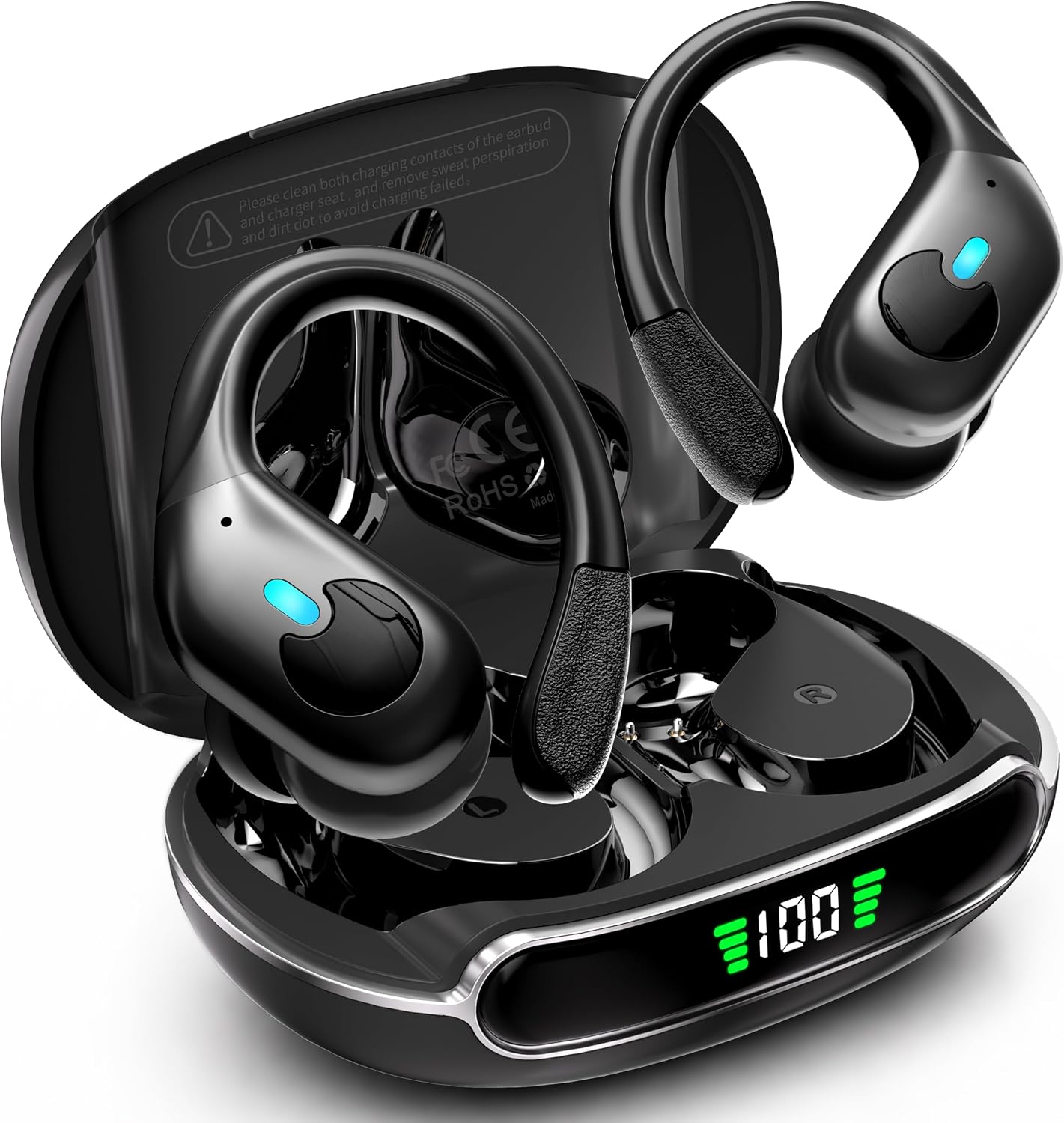 Detalle de WHYKJTEK BX30 Open-Ear Wireless Earbuds, ANC, 90-Hour Playtime, IPX7 Black