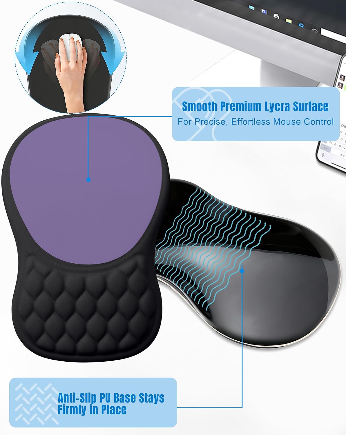 Detalle 1 de PVIPCZ Ergonomic Mouse Pad with Sloped Memory Foam Wrist Rest, Lycra Surface