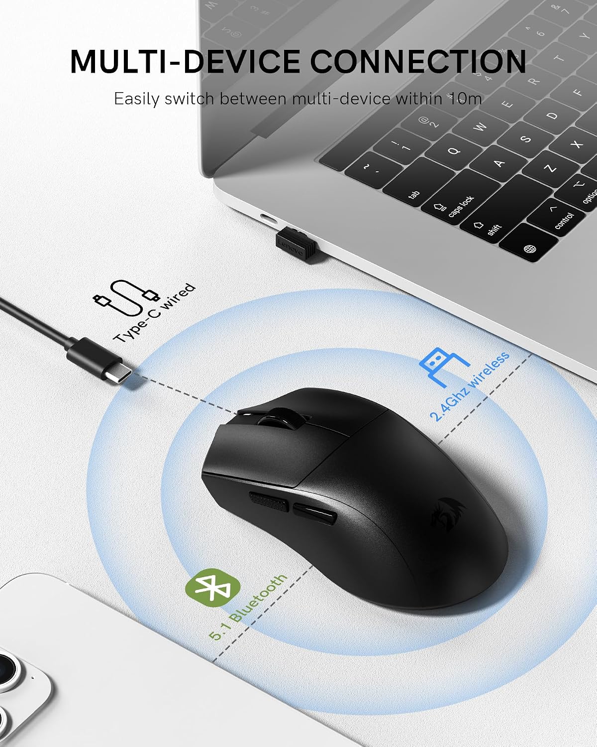 Detalle 2 de Redragon M821 Wireless Gaming Mouse 54g, 128000 DPI