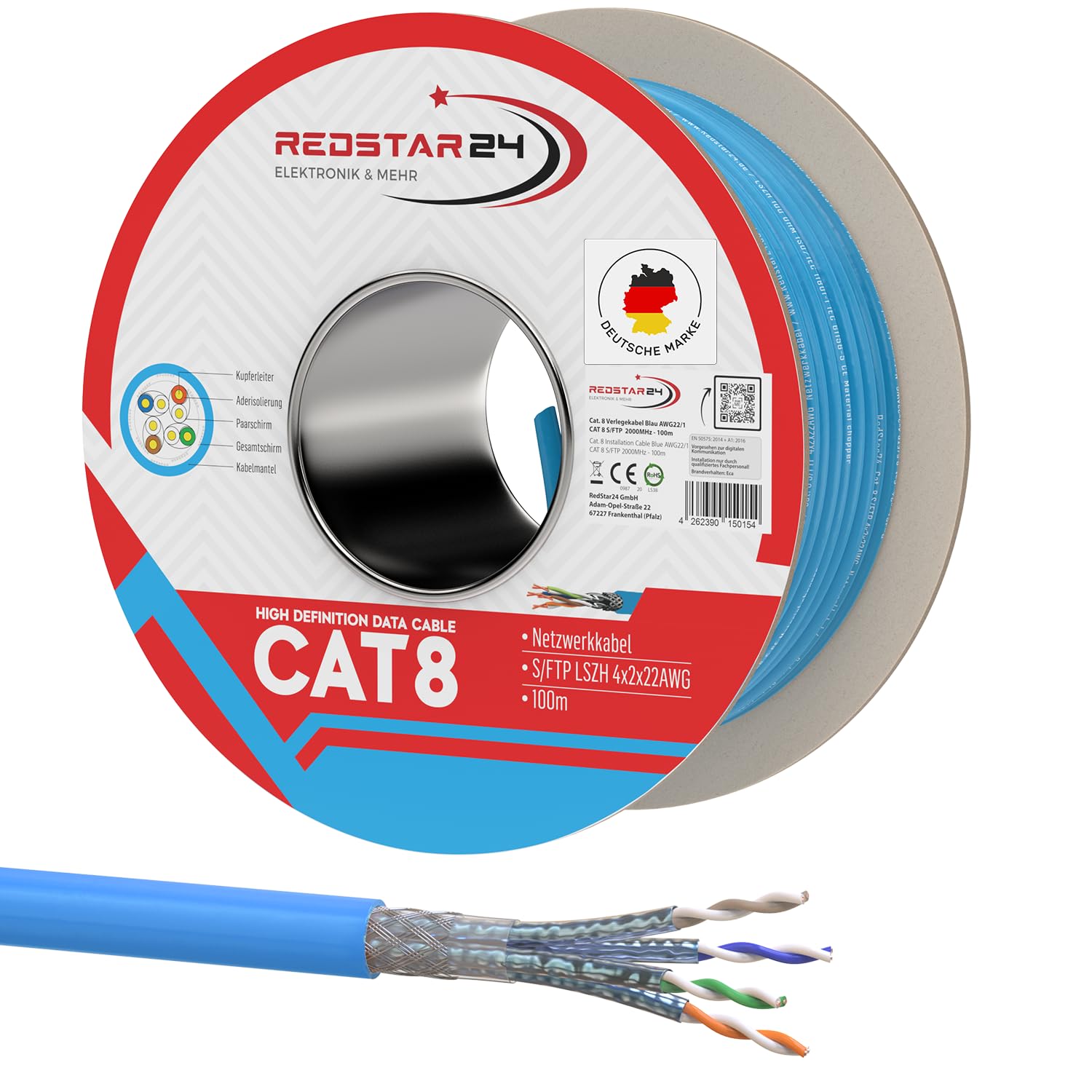 Detalle de 100 m Cat. 8 Verlegekabel (CAT8.1) – halogenfrei, geschirmt S/FTP, bis zu 40 Gbit/s