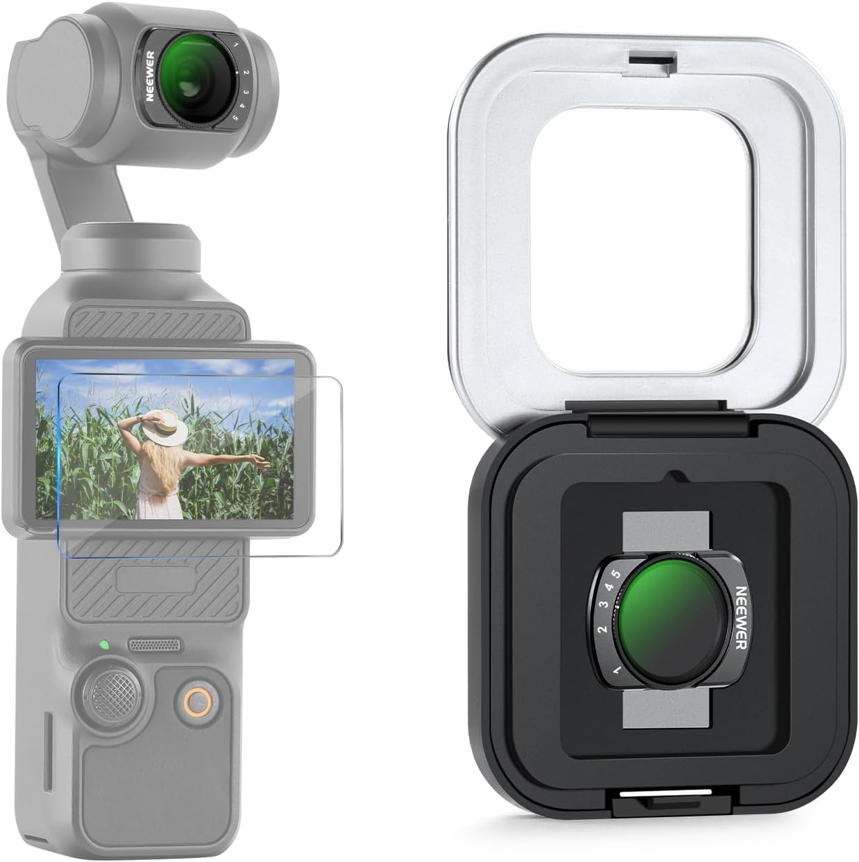 Detalle de NEEWER Variabler ND Filter für DJI Osmo Pocket 4 & 3 – magnetisch, multischicht, inkl. Displayschutz und Etui