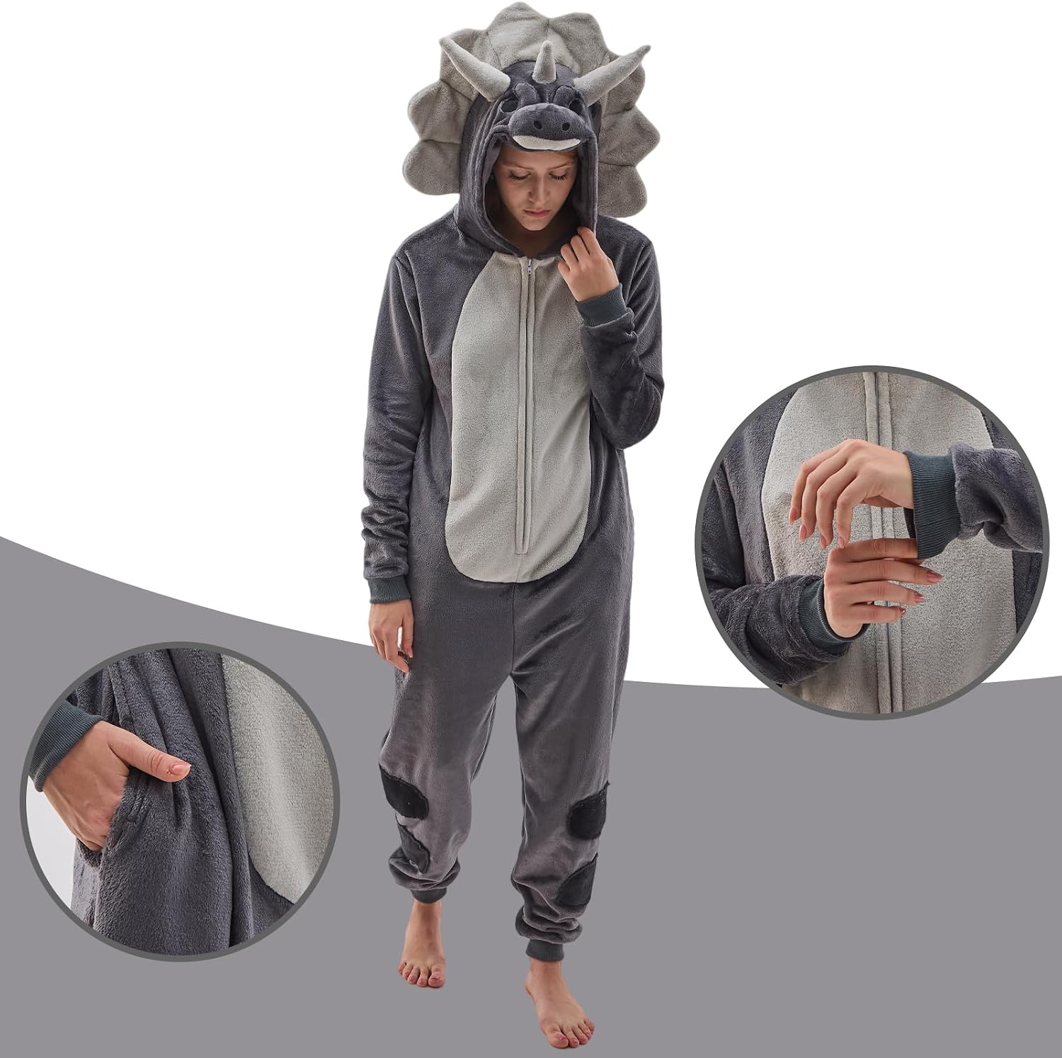 Detalle 2 de NEWCOSPLAY Adult Triceratops Onesie Pajamas with Flannel Fleece and Hood