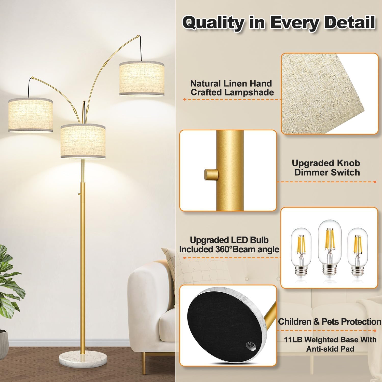 Detalle de Nintiue Dimmable Arc Floor Lamp, 3 Lights, Marble Base, Gold Finish