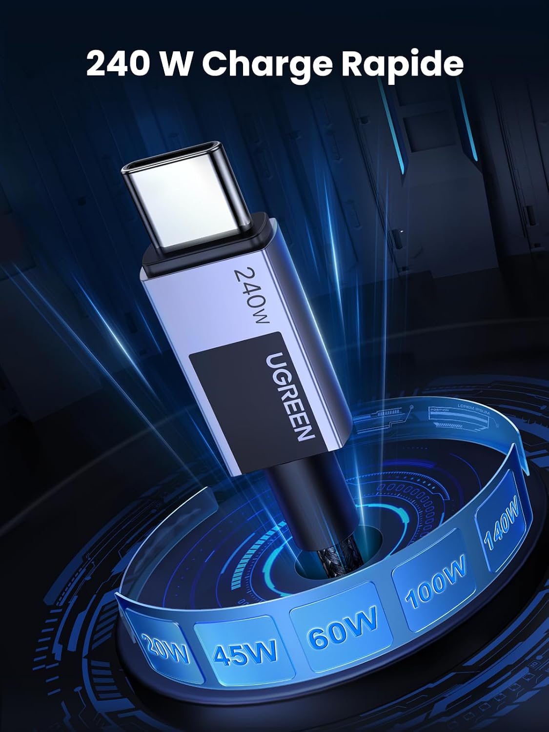 Detalle de UGREEN USB-C-kabel 240 W, PD 3.1, 5 A/48 V en gevlochten nylon