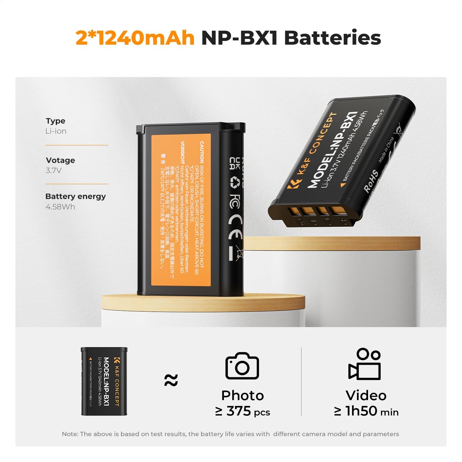 Thumbnail 1 de K&F CONCEPT 2-Pack NP-BX1 Battery and Charger Set – compatibility with Sony ZV-1, RX100 series and more
