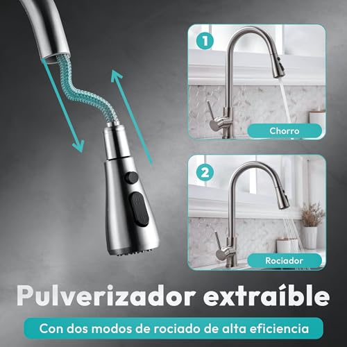 Detalle de JUPPLIES Grifo Cocina Extraíble – Acero Inoxidable 304, giro 360° y 3 modos de agua