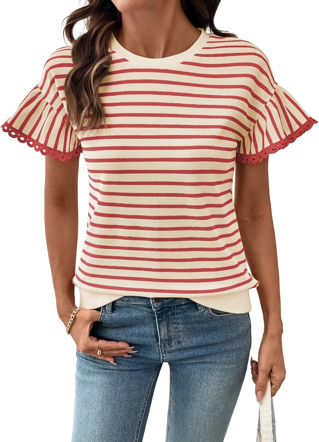 Detalle de SHEWIN Women Summer Loose Fit Top: Trendy Rib Knit Stripe Shirt (2026)