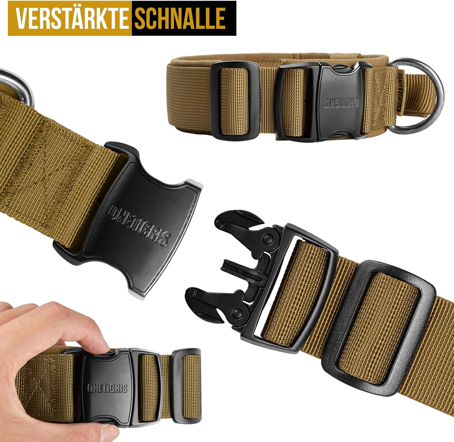 Detalle de OneTigris Collier pour Chien – Boucle et D-rond en métal, Marron, Taille M