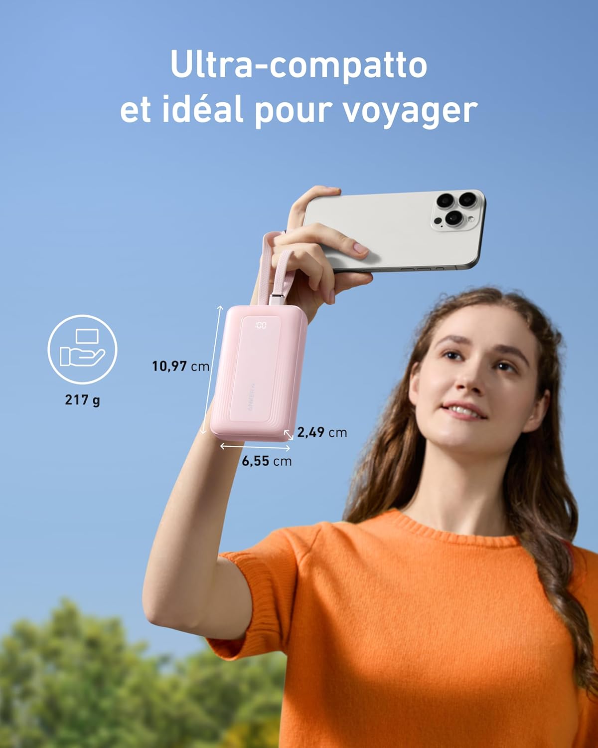 Detalle de Anker Power Bank 10000mAh 30W con cavi integrati Lightning e USB-C certificati MFi