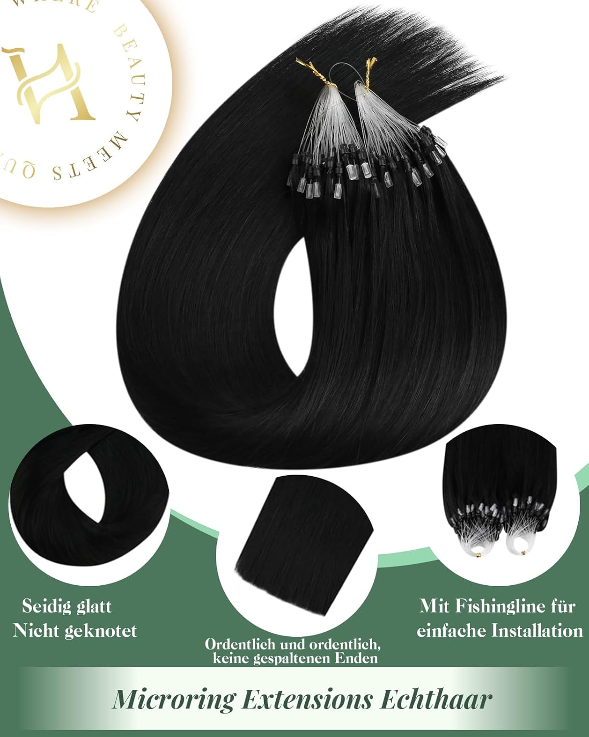 Thumbnail 1 de Ugeat Microring Extensions Echthaar Schwarz, Remy 45 cm (50g/50 Strähnen) – kaltfusion ohne Kleber