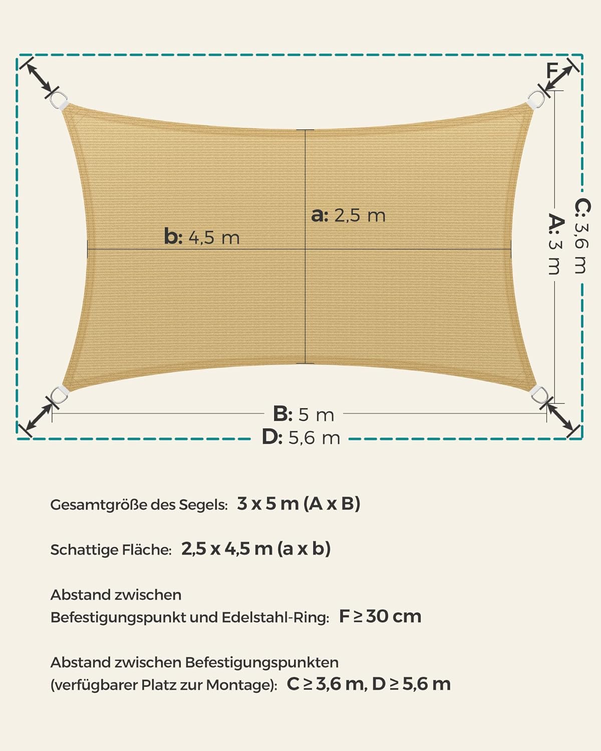Thumbnail 4 de SONGMICS Sonnensegel 3 x 5 m aus HDPE – UV-Schutz, atmungsaktiv, Sandgelb (GSS35EYV1)