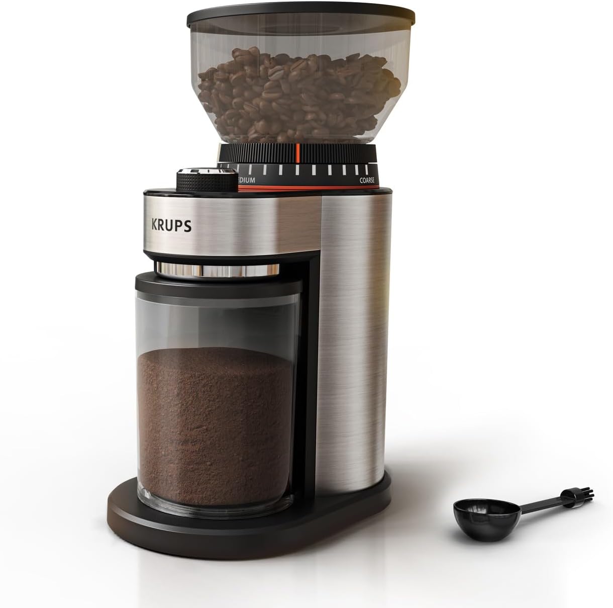 Detalle de KRUPS Flat Burr Coffee Grinder Electric, 18 Adjustable Settings, 2-20 Cups, Stainless Steel, Black