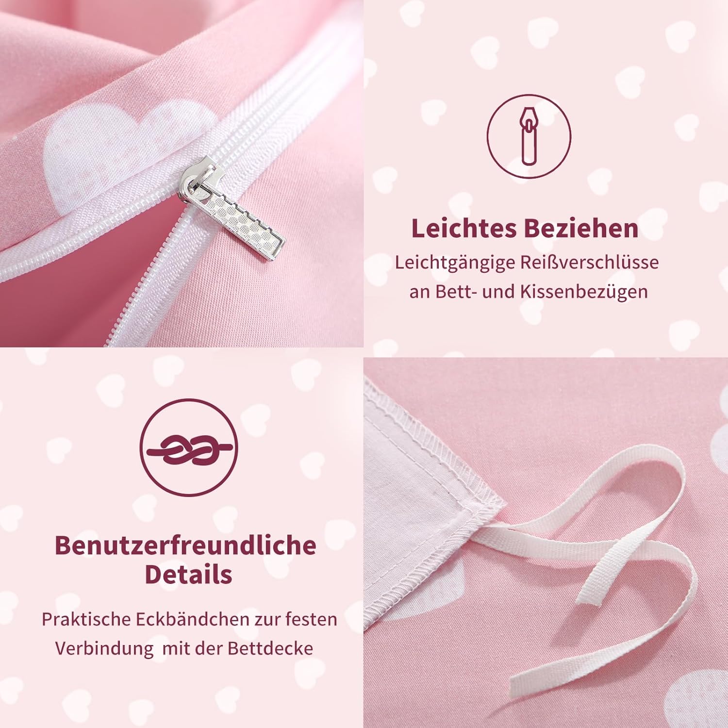 Thumbnail 6 de RUIKASI Bettwäsche 135x200 Baumwolle 4-teilig rosa mit Herzen (Reißverschluss)