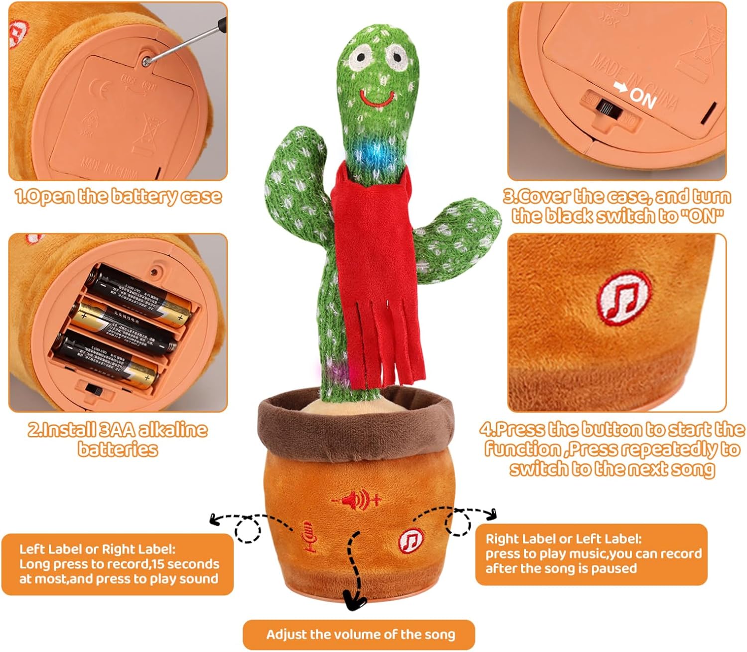 Thumbnail 3 de Edencomer Sprechender Tanzender Kaktus mit einstellbarer Lautstärke – singendes Plüschspielzeug zum Nachsprechen (roter Schal)