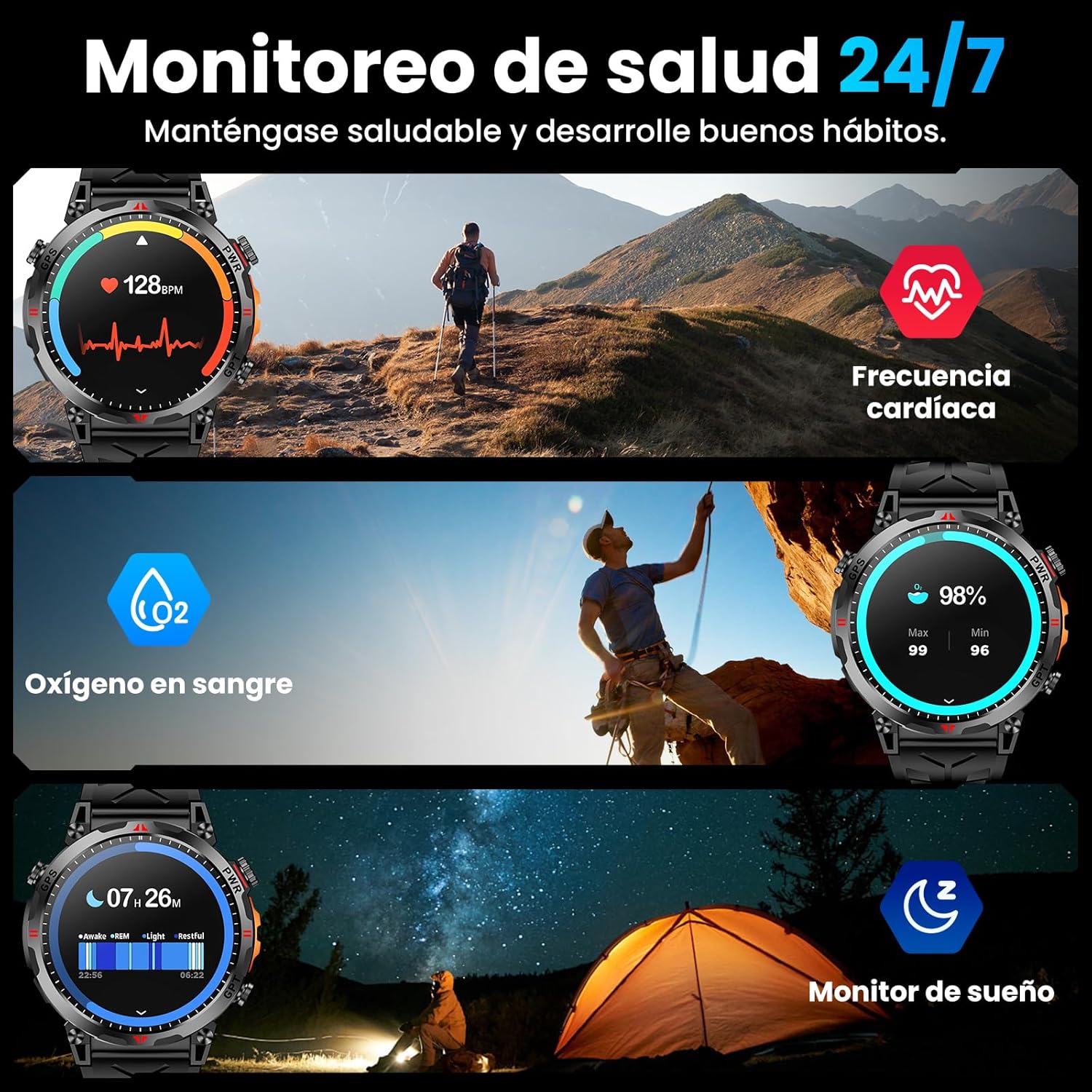Thumbnail 6 de Mingdaln orologio intelligente militare con GPS, bussola e display AMOLED da 1,56” (GPT, Android e iOS) – Nero