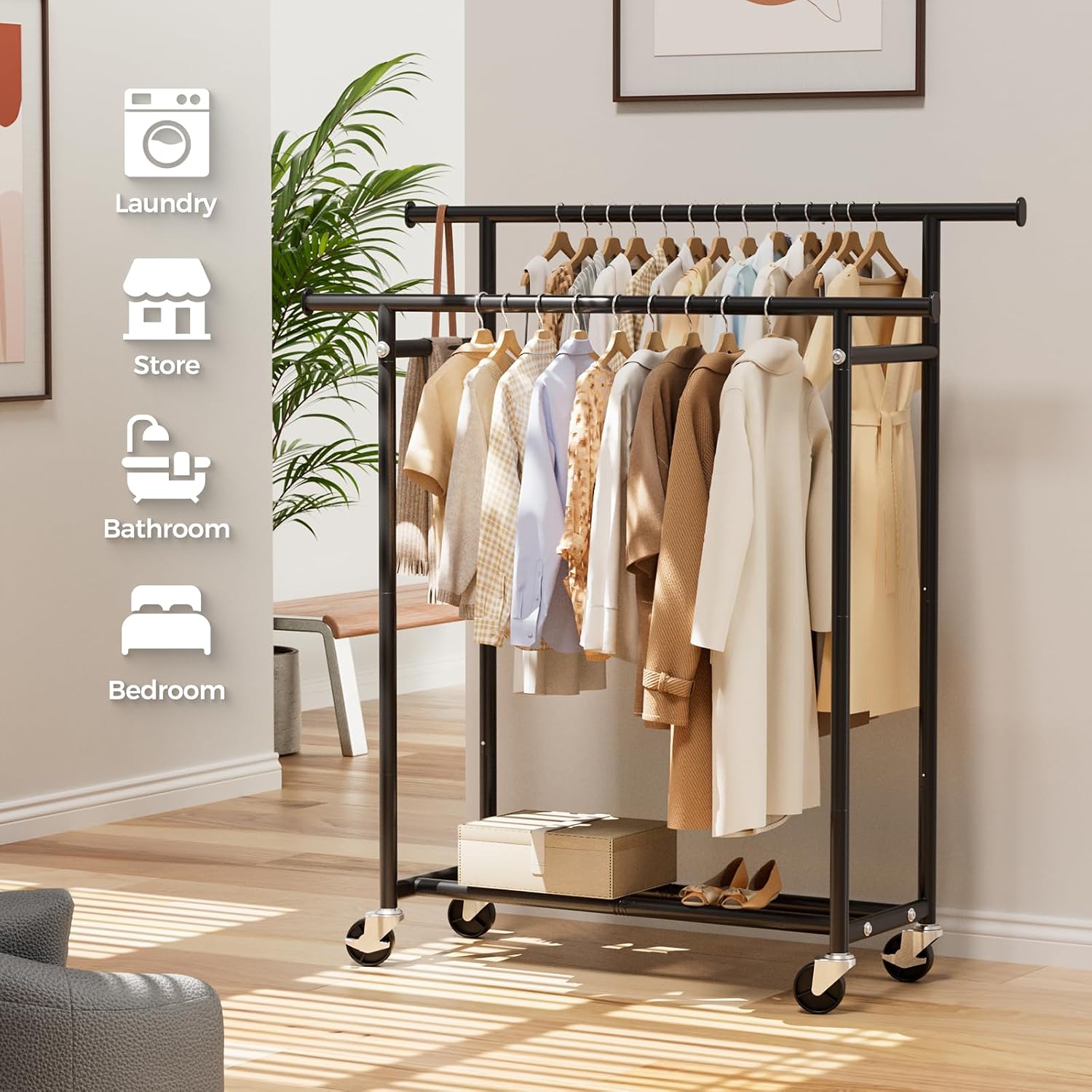 Thumbnail 6 de HYSEYY HY-1324-Clothes Rack Double-Rod Rolling Garment Rack, Carbon Steel