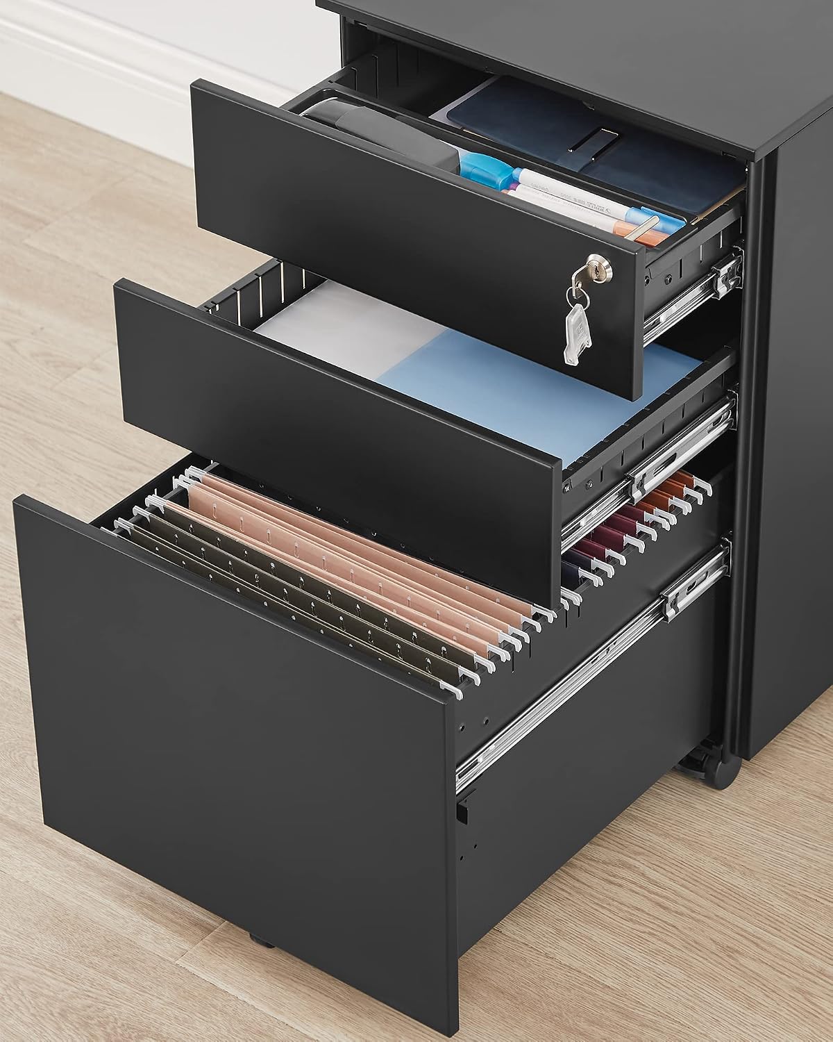 Detalle 2 de SONGMICS BEREND Collection OFC60BK Mobile File Cabinet, Lockable Steel, 3 Drawers