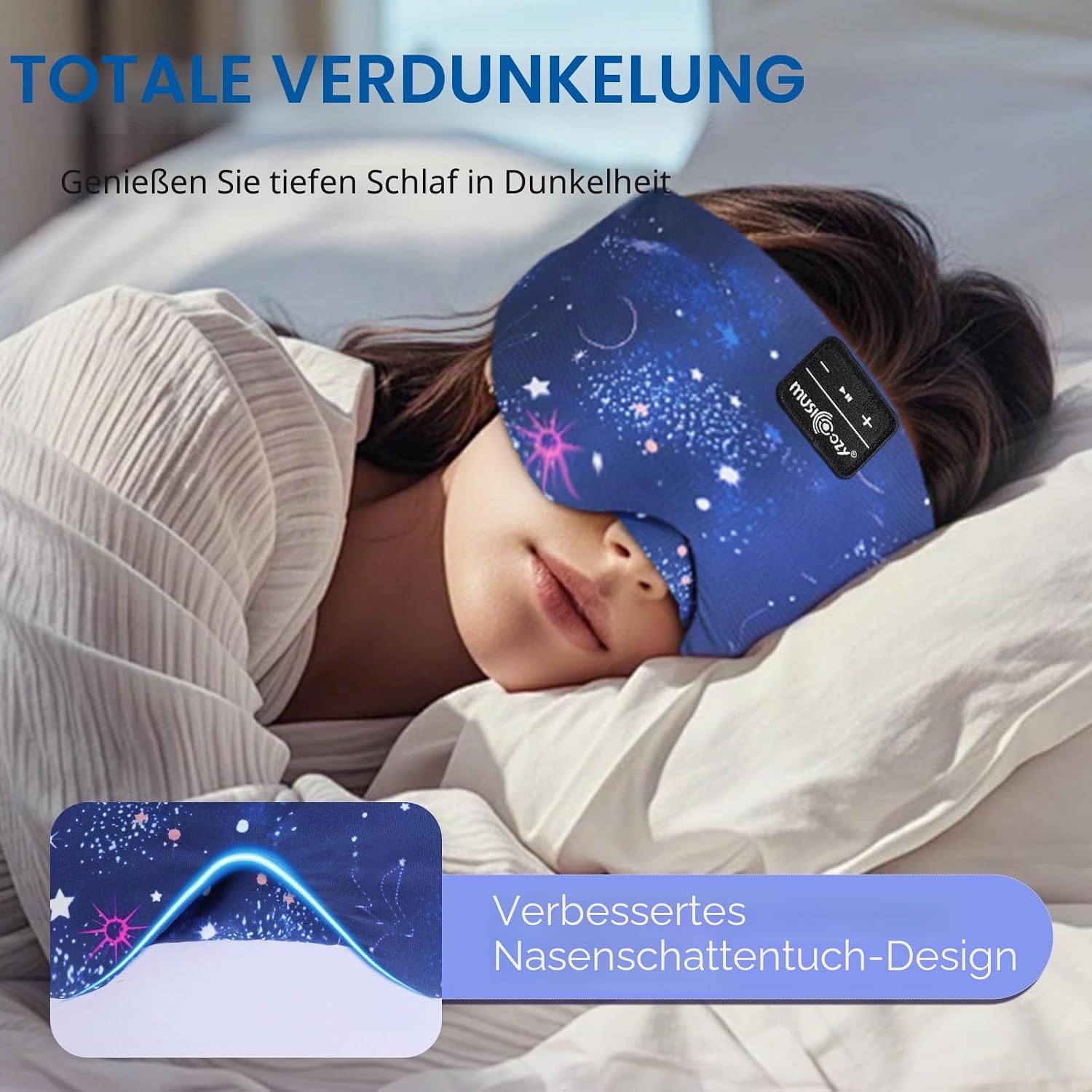 Detalle de Schlafmaske mit Bluetooth-Kopfhörern von Musicozy – 100% Verdunkelung, Seide & 360° Klang