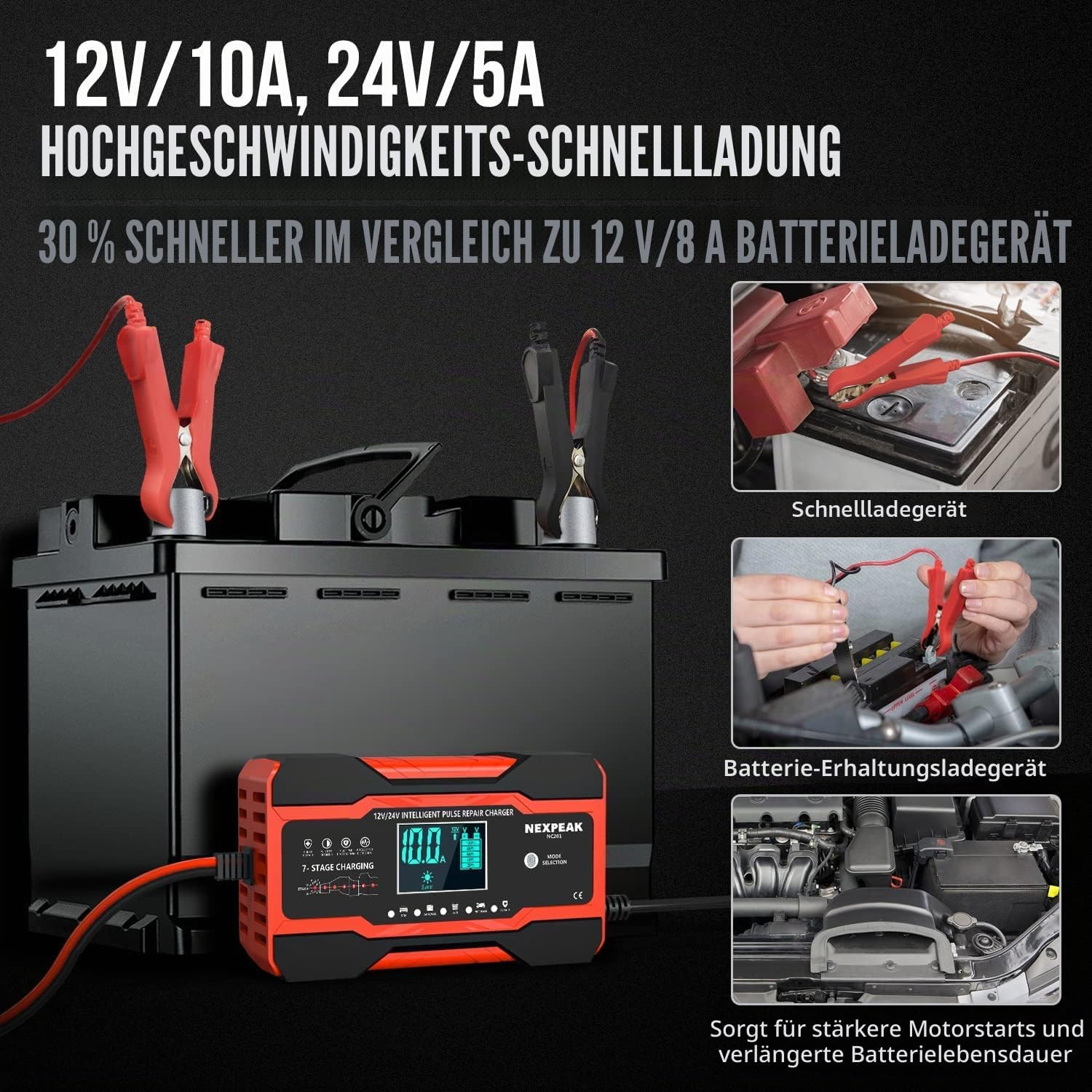 Detalle 2 de 10A Autobatterie-Ladegerät 12V/24V Smart Ladegerät für Auto