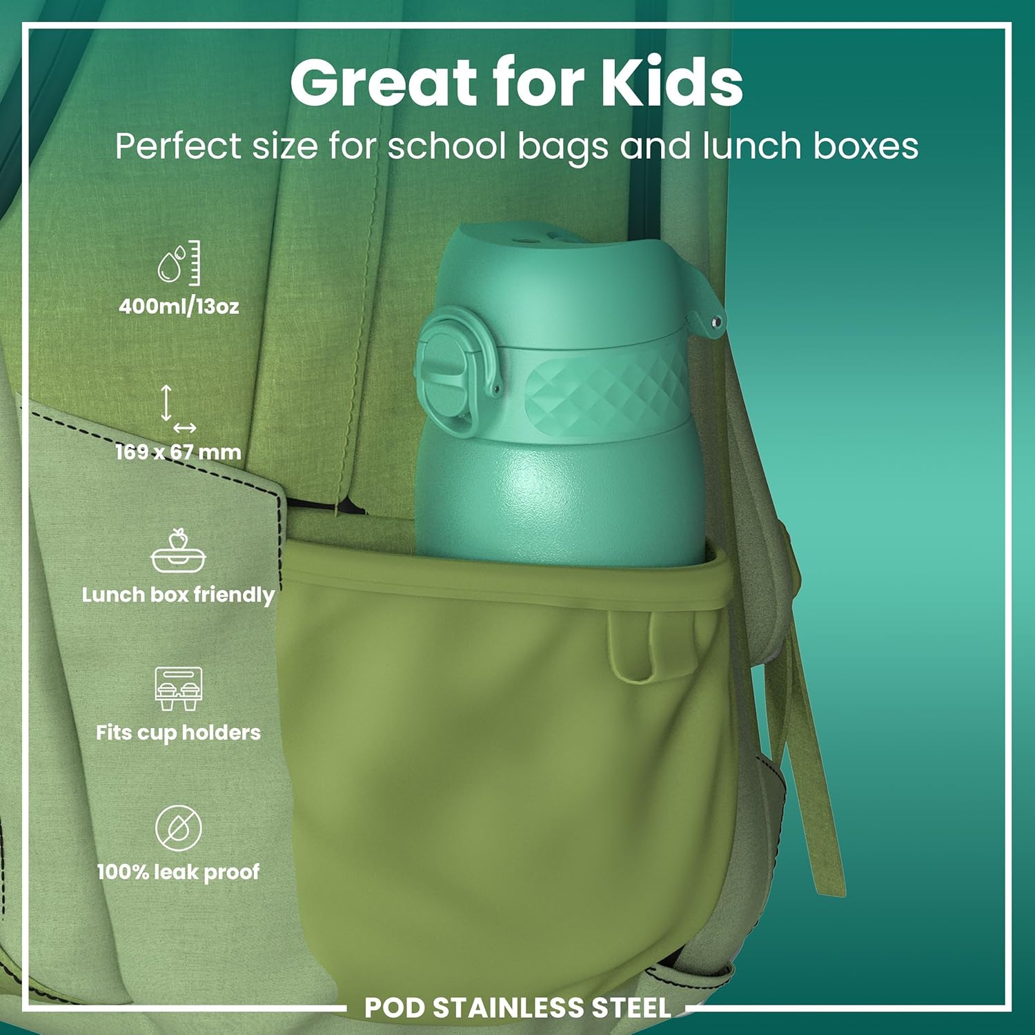 Detalle de ION8 Lightweight Steel Kids Water Bottle 400ml/13oz