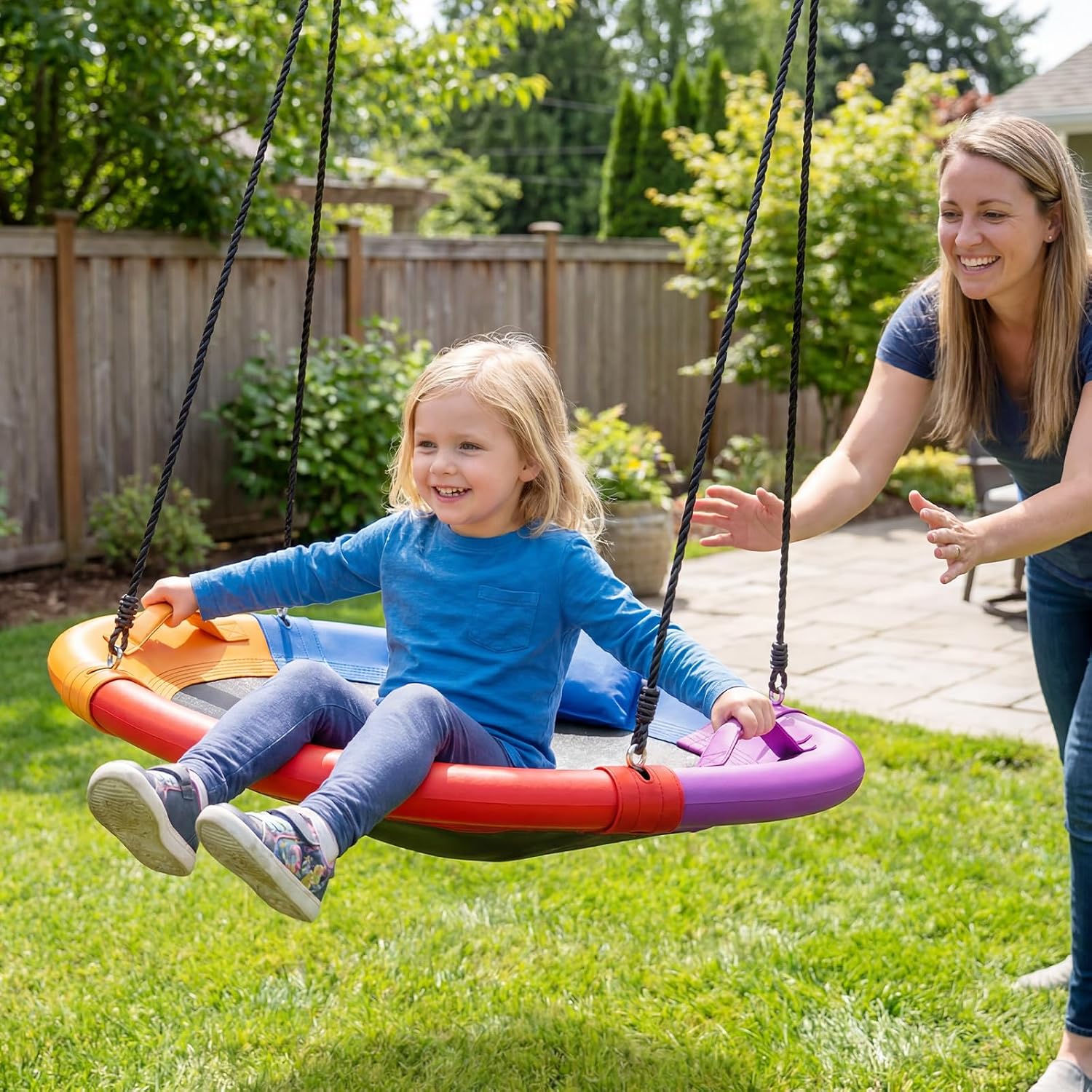 Detalle 2 de COSTWAY Nestschaukel Outdoor 120 cm – Kinderschaukel mit Kissen, Griffe und verstellbarer Aufhängung