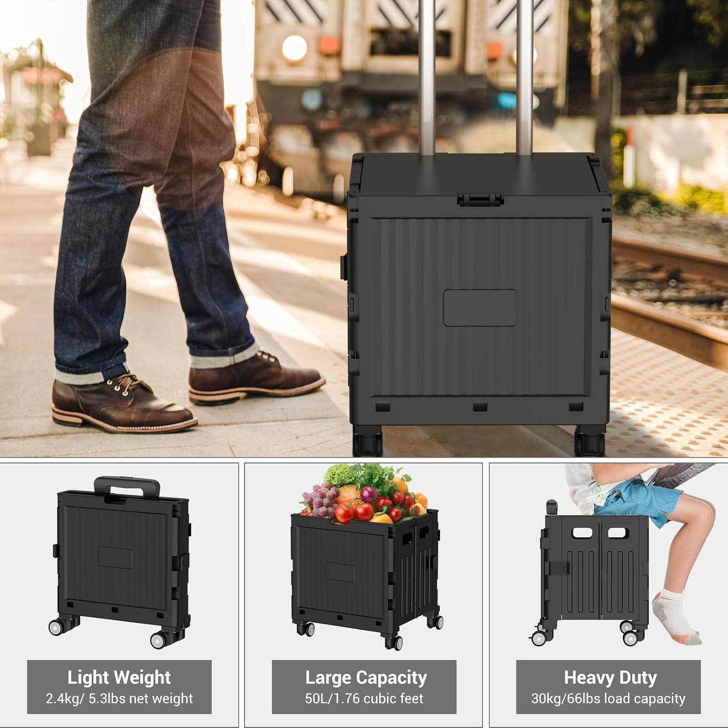 Thumbnail 2 de Marketero Collapsible Shopping Box Trolley with Lid, 360° Wheels & Telescopic Handle (HGH189)