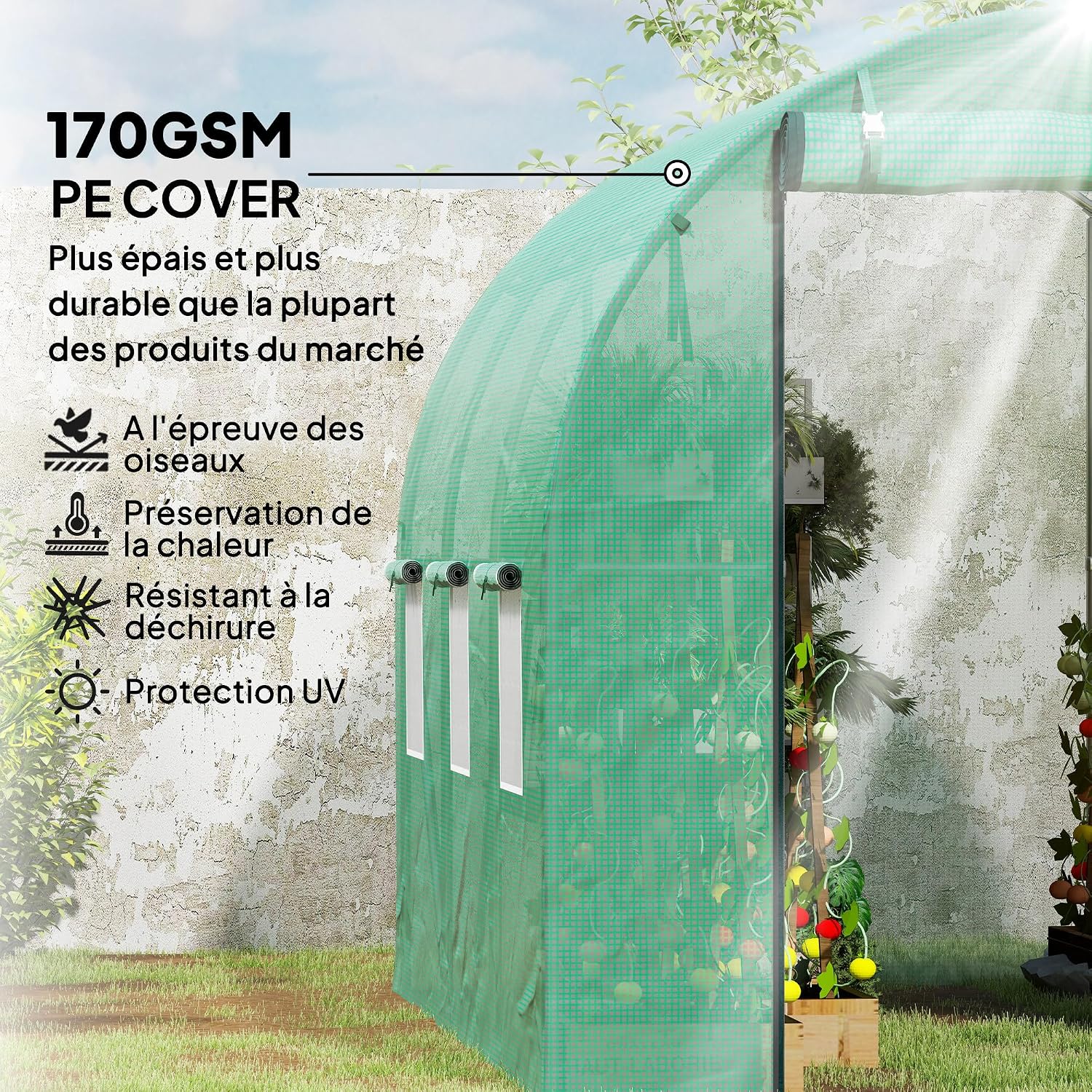 Detalle de Outsunny 84H-238V00GN tuintunnelkas 6 m² met PE-afdekking en roldeur