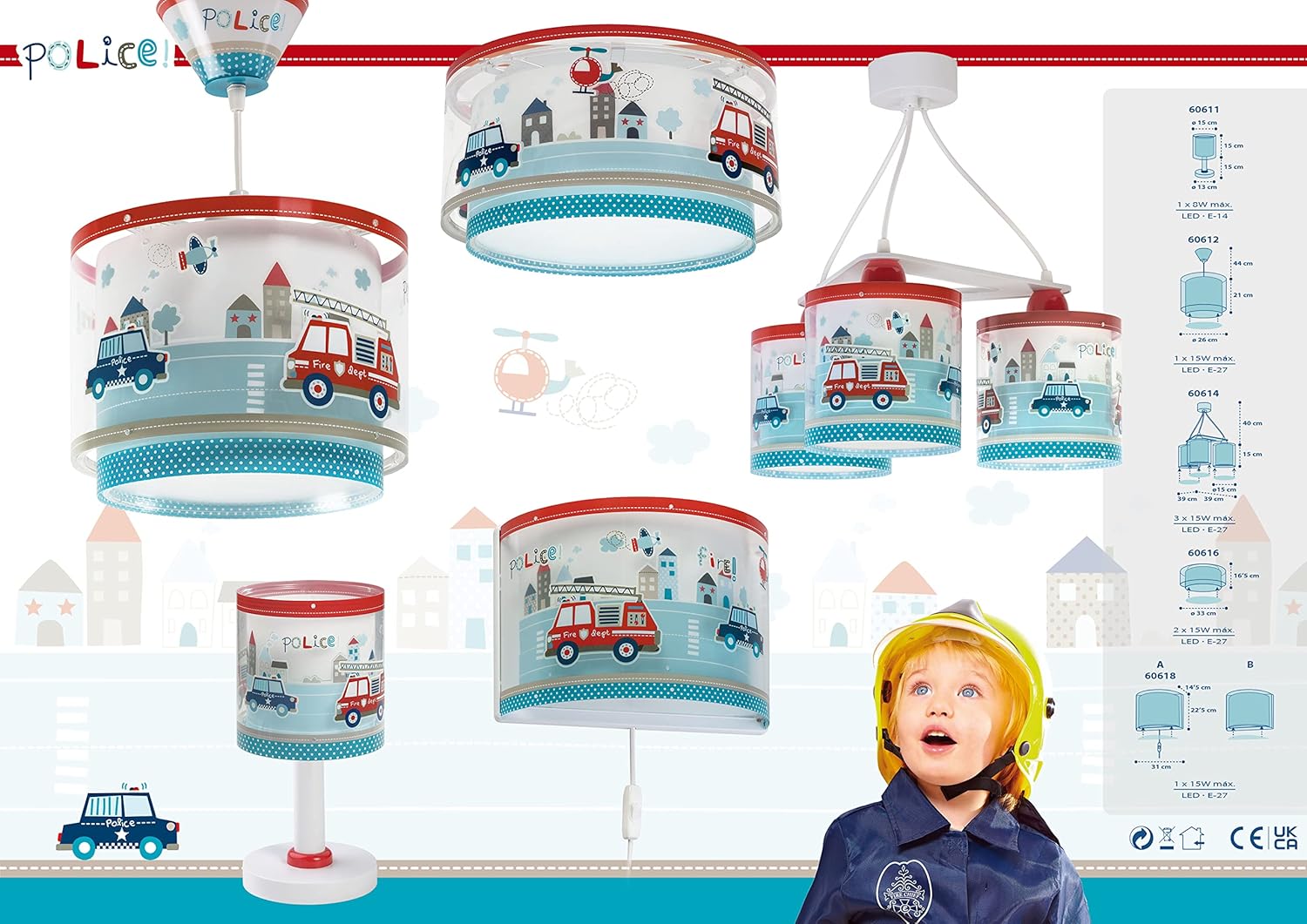 Detalle 2 de DALBER POLIZEI Pendelleuchte – Kinderzimmerlampe Blau, 26.5 × 26.5 × 21 cm