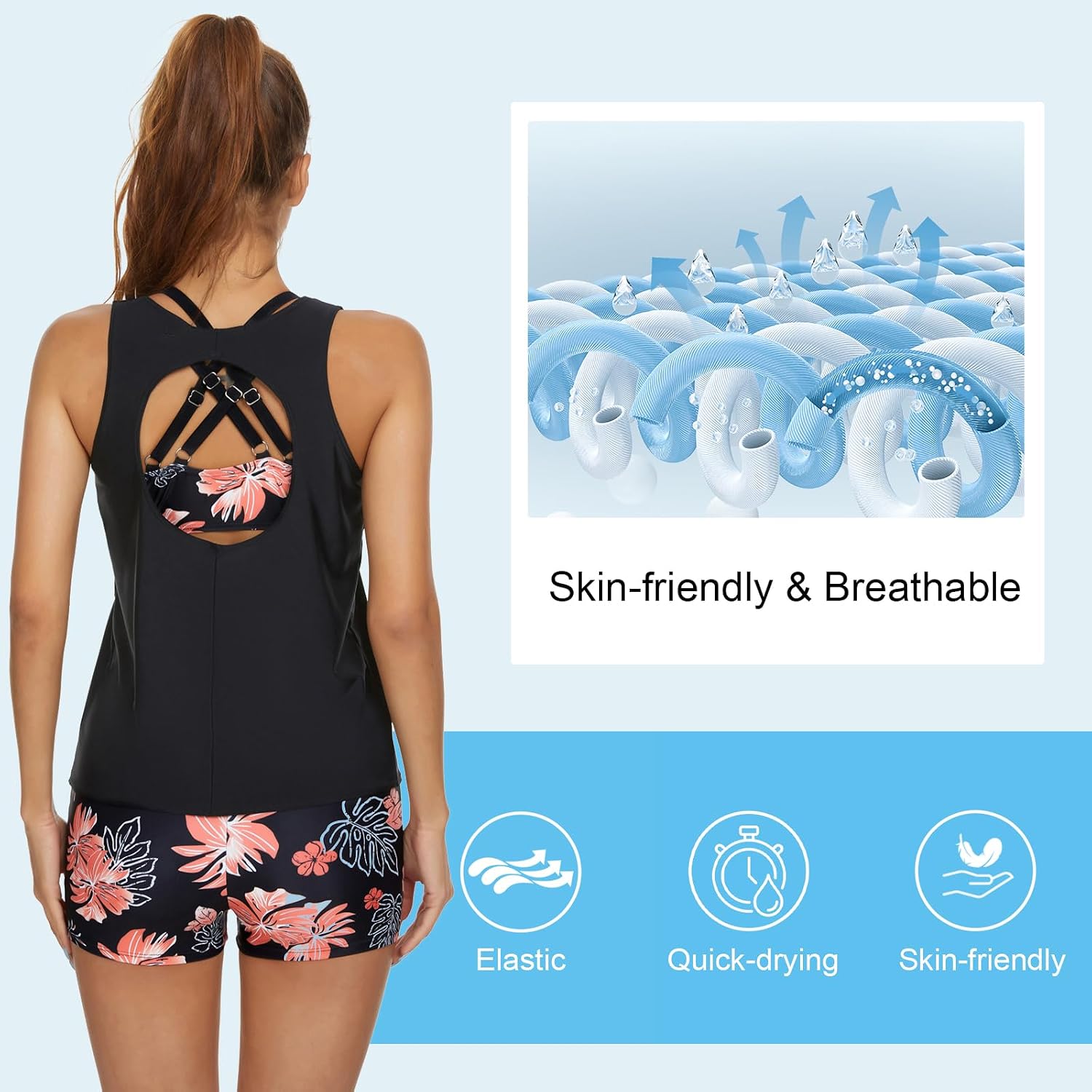 Detalle 2 de JASAMBAC 3 Piece Tankini Swimsuit for Women: Tank Top, Bikini Top and Boyshort Set