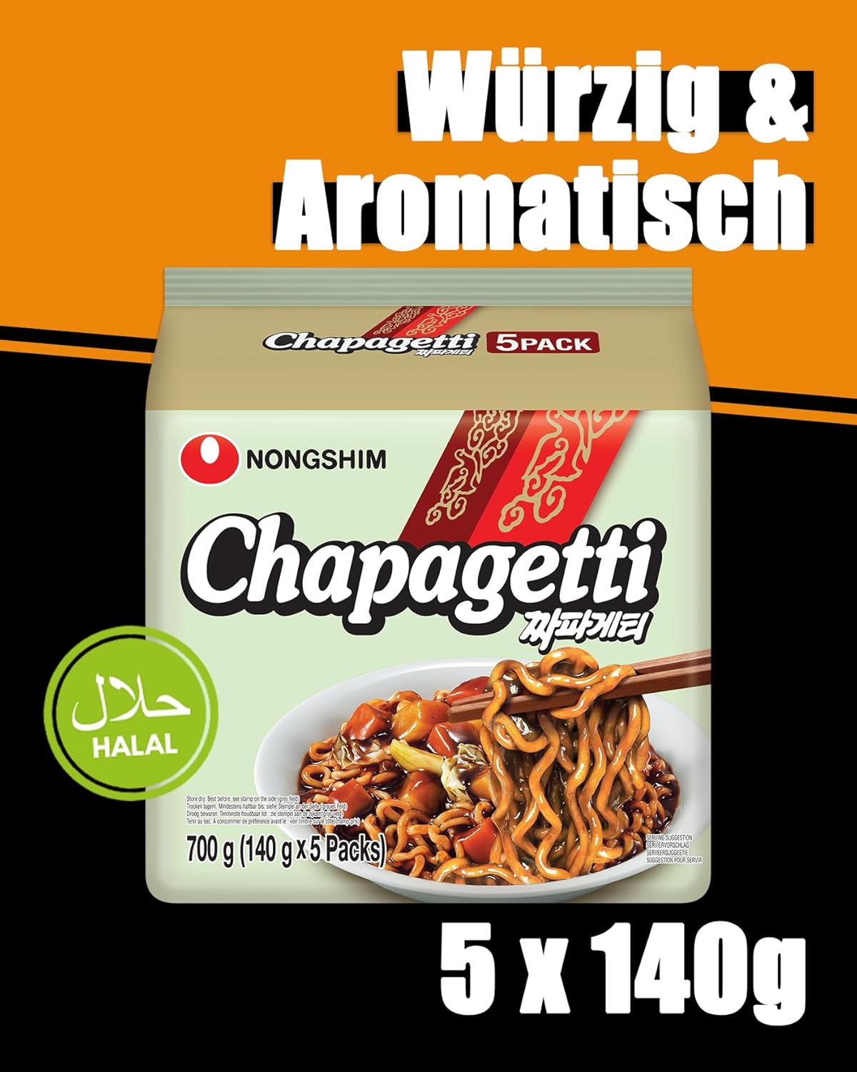 Detalle de Nong Shim Instantnudeln Chapaghetti – traditionelles koreanisches Nudelgericht (5 x 140 g) 1er Multipack