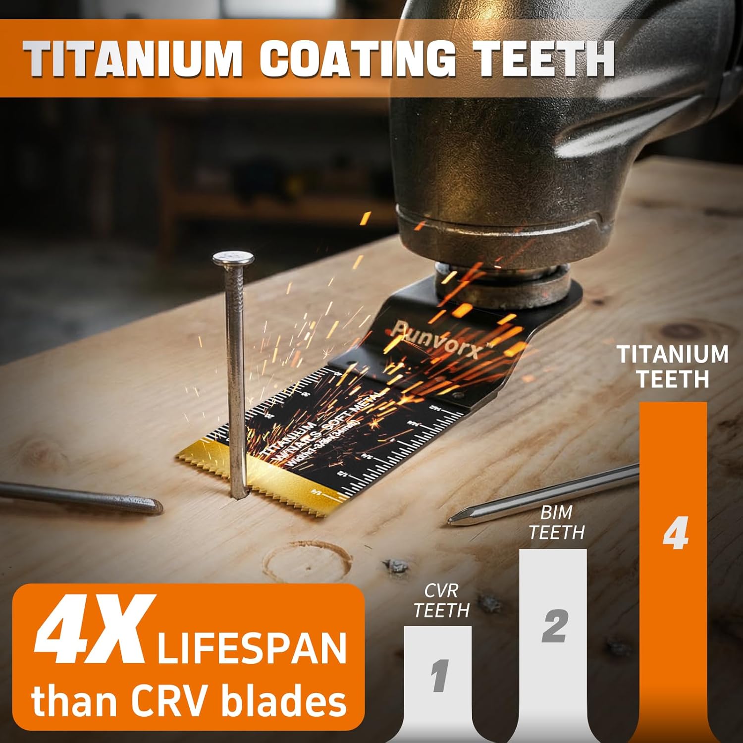 Detalle de Punvorx 32Pcs Titanium & HCS Multi Tool Blades with Japanese-Teeth for Wood Metal Nails Cutting – Universal Quick-Release Oscillating Blade Set