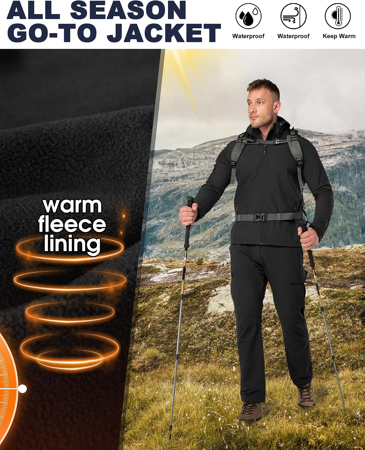 Detalle 2 de 33,000ft Men's Hooded Softshell Jacket, Waterproof, Lightweight and Fleece-Lined