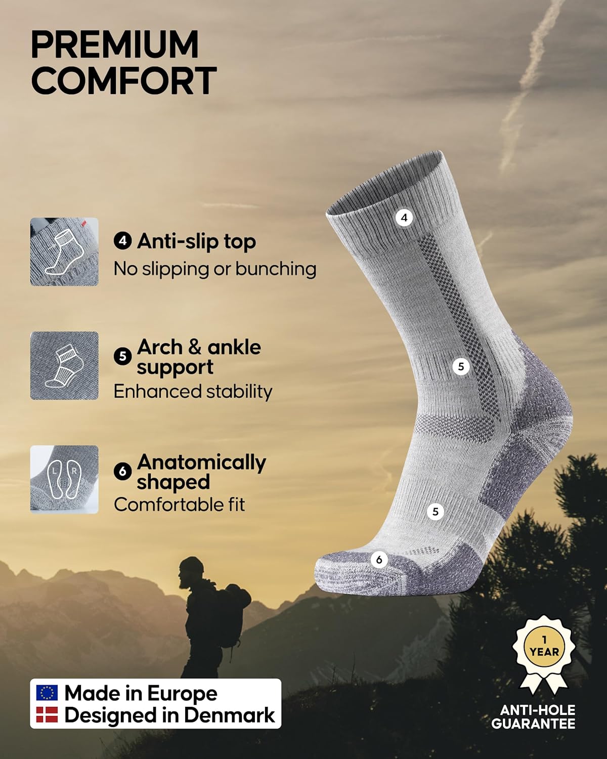 Thumbnail 2 de DANISH ENDURANCE Hiking Socks – Breathable Merino Wool, Anti-Blister Cushioning (Unisex, 3 or 5-Pack)
