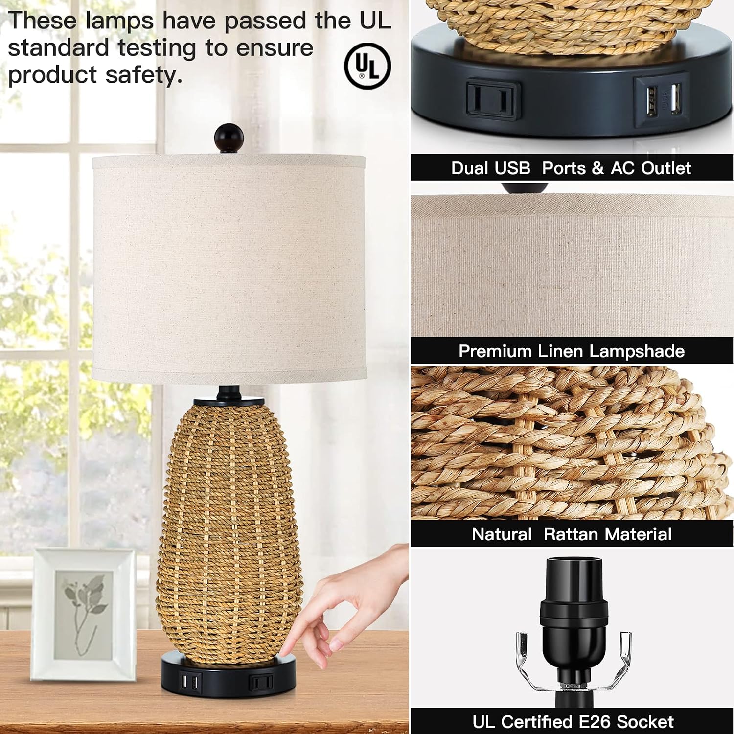 Detalle 2 de CINSARY TD-CS-65 Rattan Table Lamps, Set of 2 with Touch Dimming