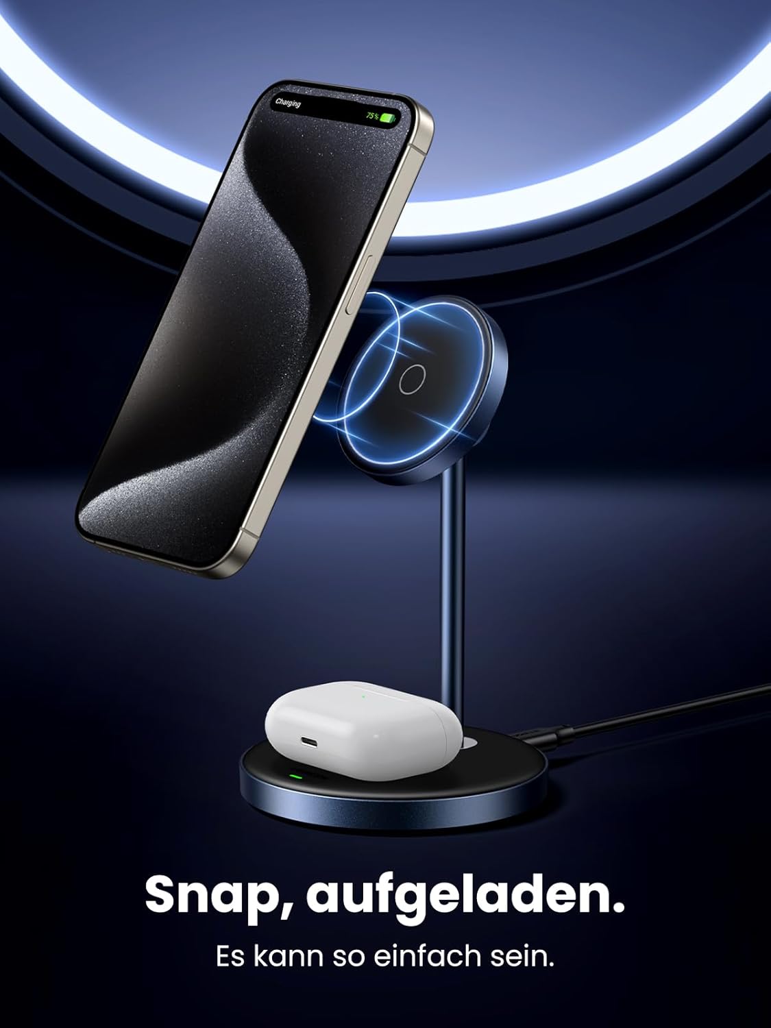 Detalle 2 de UGREEN MagFlow 2 in 1 iPhone Ladestation – MagSafe-kompatibel, 90° verstellbar, lädt iPhone- und AirPods-Kombination gleichzeitig