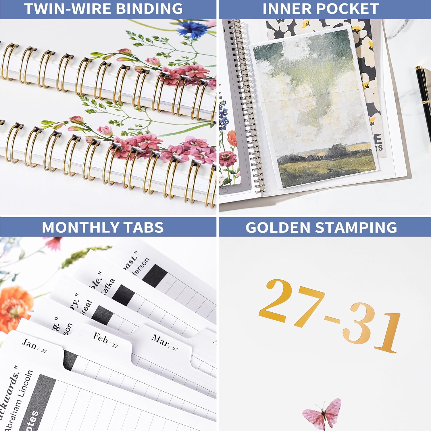 Detalle 1 de Planrage 2027–2031 Monthly Planner, 9" x 11", Floral Cover, Twin-Wire Binding