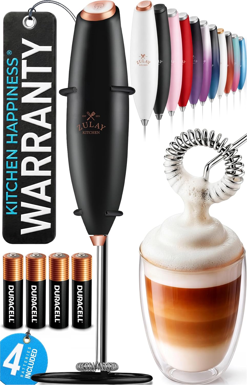 Detalle de Zulay Kitchen Powerful Milk Frother Wand (Black Copper) with 4 AA Duracell Batteries