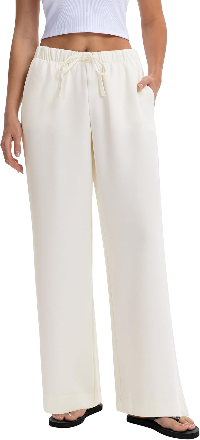 Detalle de Abonlen Wide Leg Pants for Women: Casual Flowy Crepe Trousers with Pockets